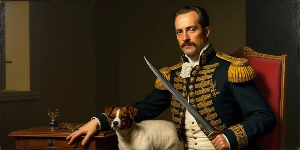a painting of a man in a uniform with a sword in his hand and a dog in his lap, Alonso Vázquez, ign