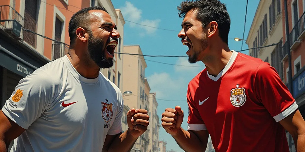 a painting of a man shouting in a city street and a painting of a man with a soccer jersey on, Emili