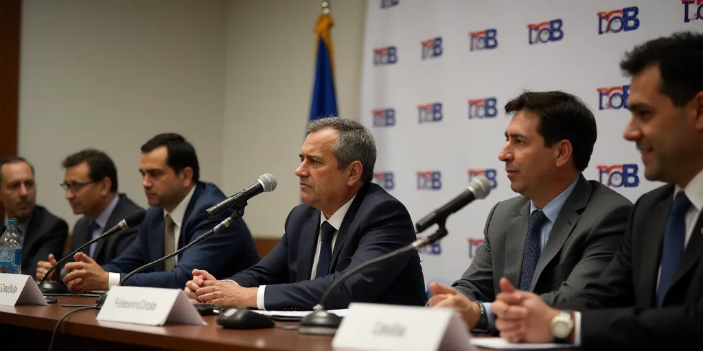 a panel of people sitting at a table with microphones in front of them and a banner behind them, Fed