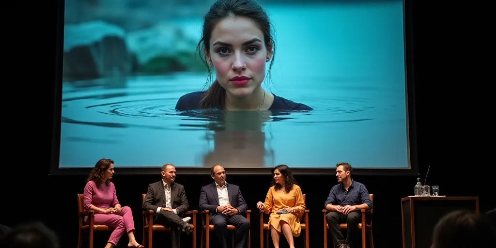 a panel of people sitting on a stage in front of a large screen with a woman's face, Evelyn Abelson,