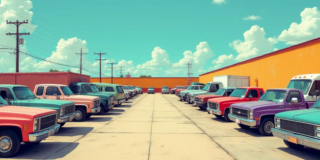 a parking lot filled with lots of parked cars and trucks next to each other on a sunny day with no p
