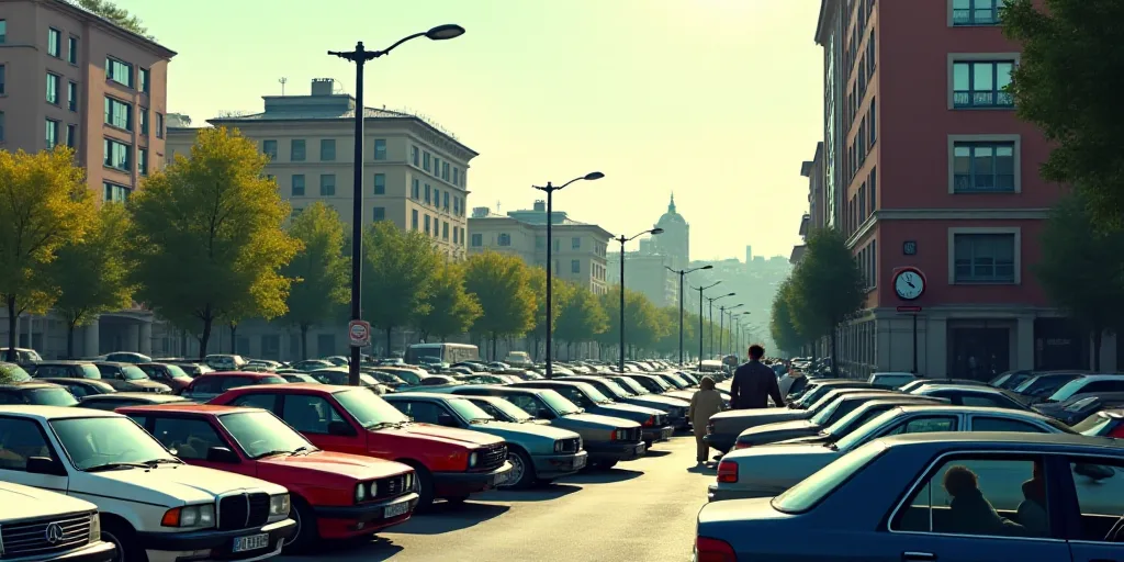 a parking lot filled with lots of cars next to a building with a clock on it's side, Afewerk Tekle,