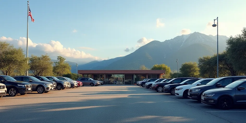 a parking lot full of cars parked in front of a building with a mountain in the background and a fla