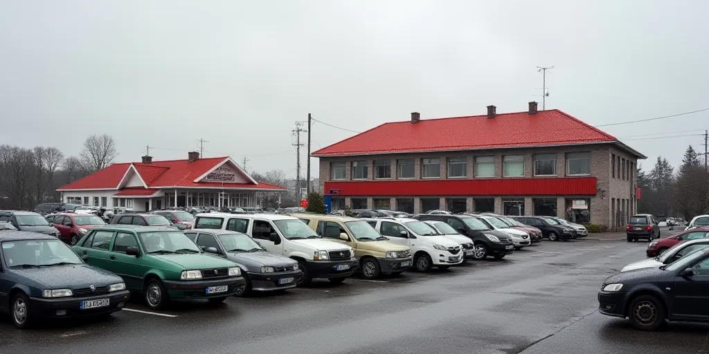 a parking lot full of cars parked next to a building with a red roof and a large building with a red