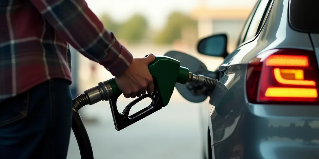 a person filling a car with gas at a gas station, with a gas pump in the foreground, Constant Permek
