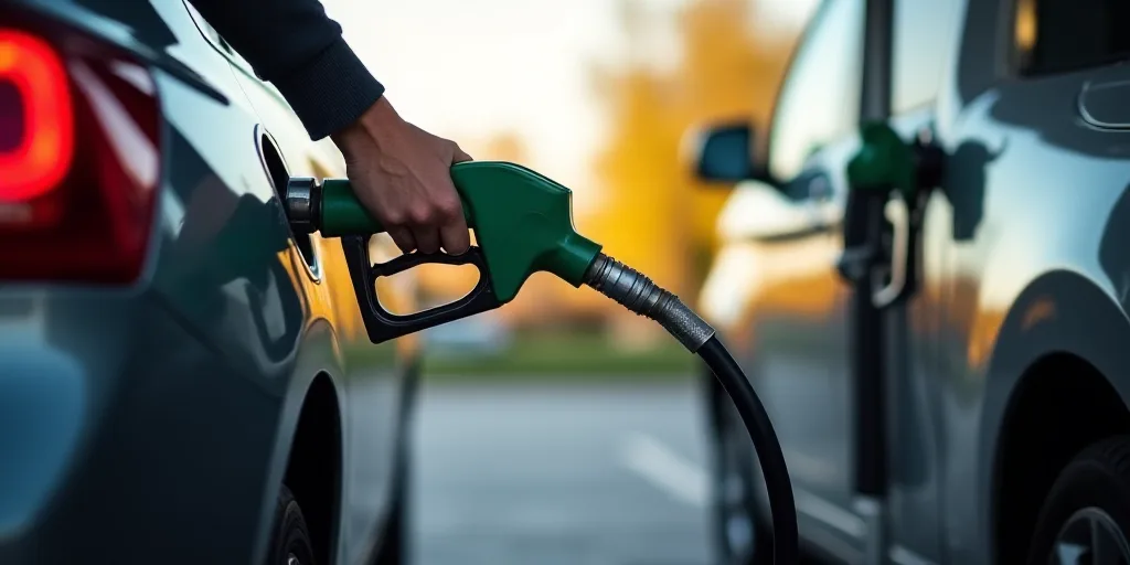 a person filling a car with gas at a gas station, with a gas pump in the foreground, Constant Permek