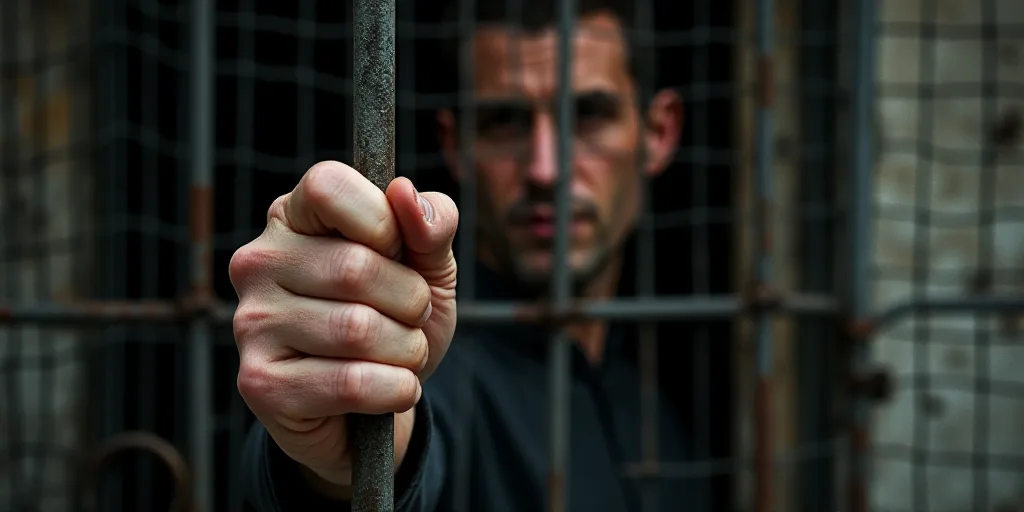 a person holding a bar of metal in their hand behind a fence with bars on it and a hand in the backg