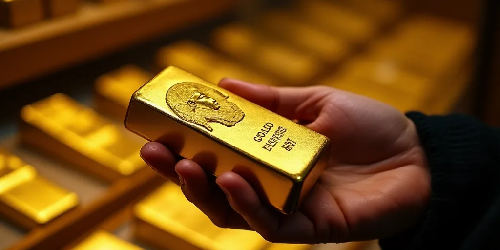 a person holding a box of gold bars in a store display case with other gold bars in the background,