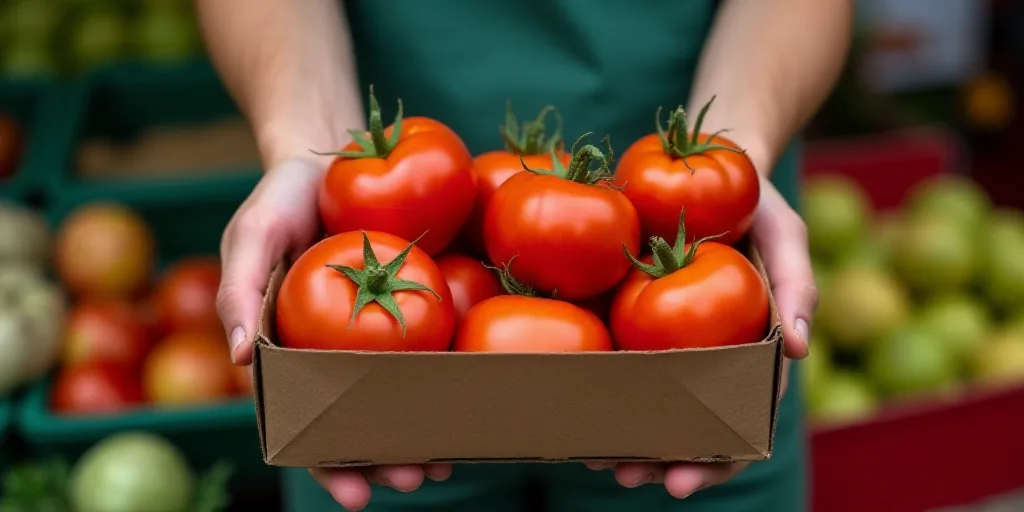 a person holding a box of tomatoes in their hands at a market stall with other produce in the backgr