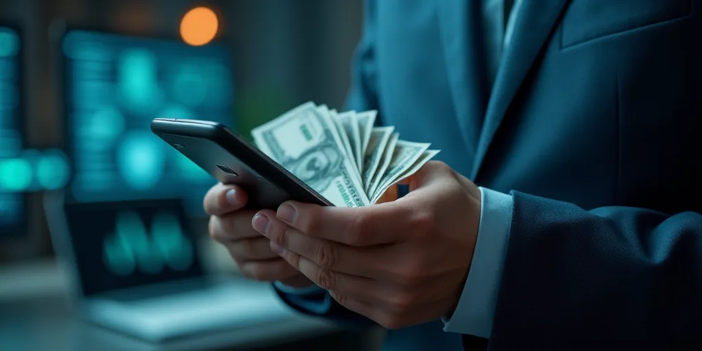 a person holding a bunch of money in their hands with a futuristic interface in the background of th