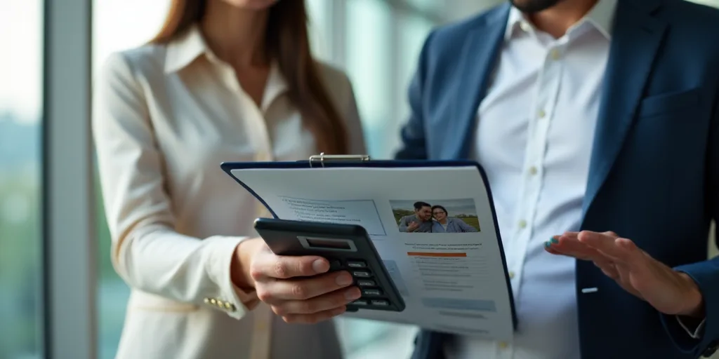 a person holding a calculator and a clipboard with a picture of a man and woman in the background, B