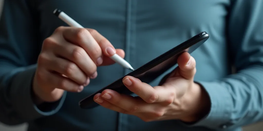 a person holding a cell phone in their hands and typing on the screen with a pen in their hand, Denn
