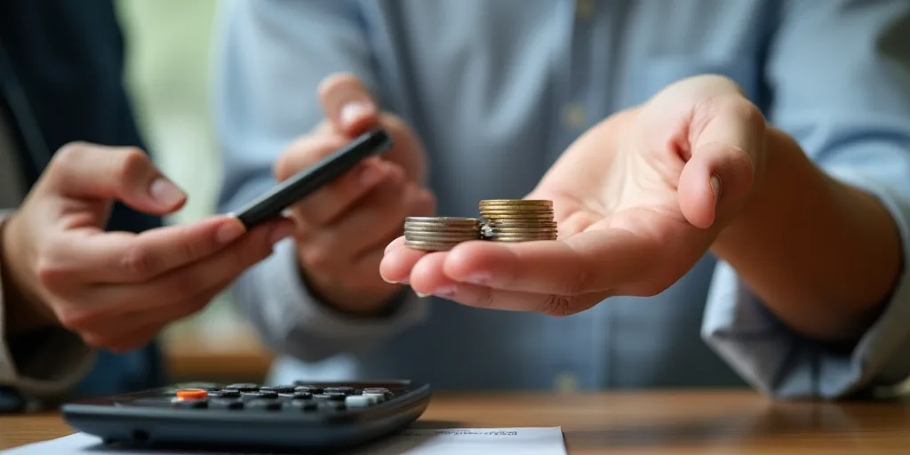 a person holding a cell phone and a calculator in their hand with a person holding a stack of coins,