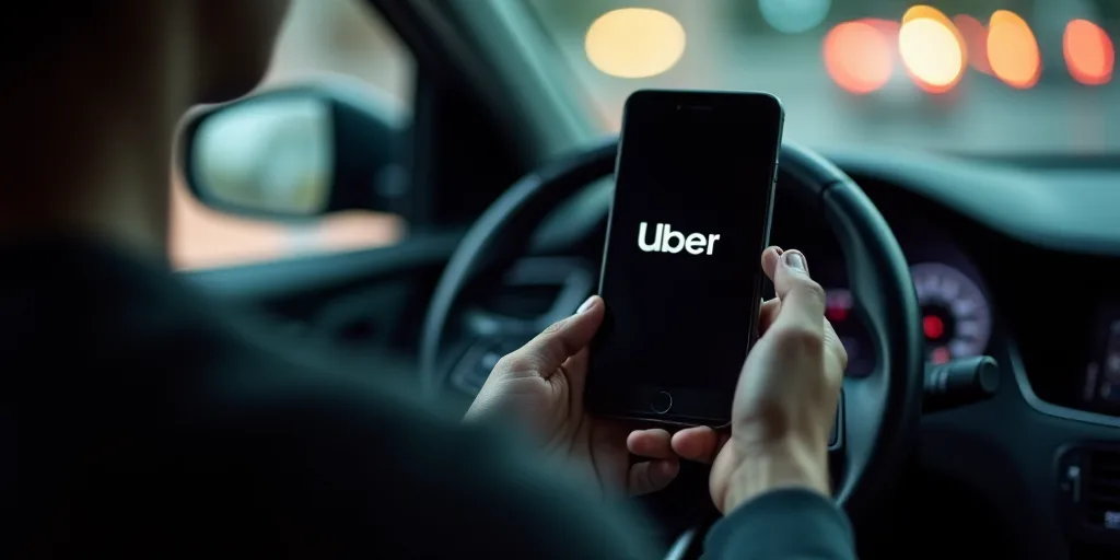 a person holding a cell phone in their hand while driving a car with the word uber on the screen, É