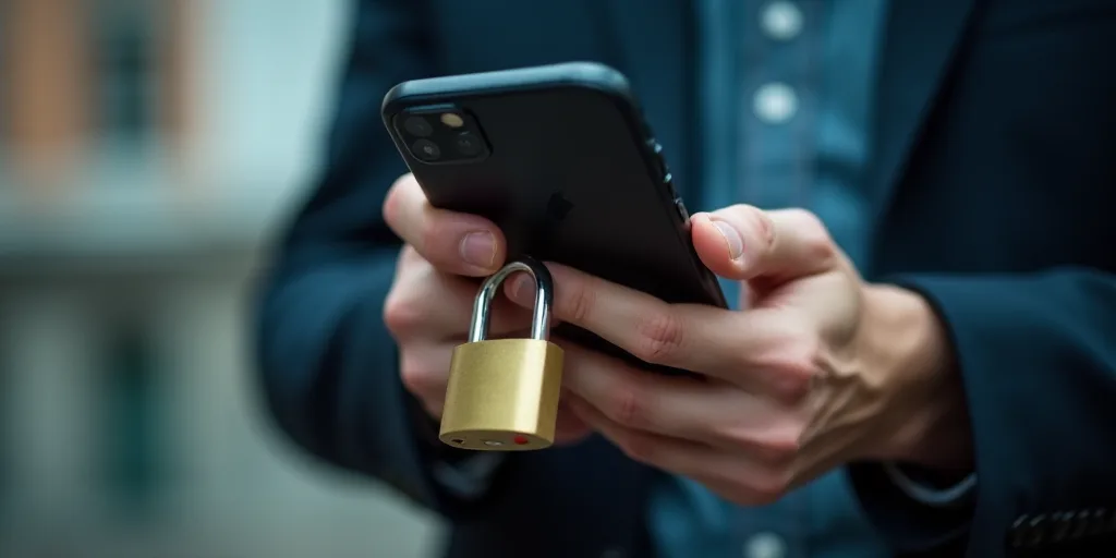 a person holding a cell phone with a padlock attached to it and a padlock attached to a padlock, And