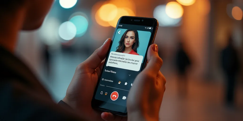 a person holding a cell phone with a picture of a woman on it's screen and a text message on the scr