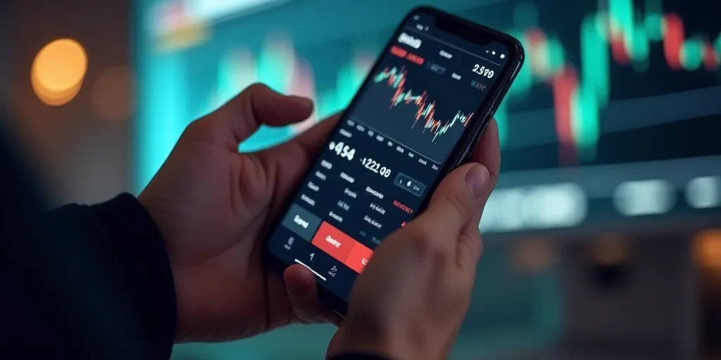 a person holding a cell phone with a chart on it's screen and a chart on the screen, Andries Stock,
