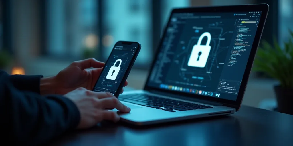 a person holding a cell phone and a laptop computer with a padlock on it and a padlock on the screen