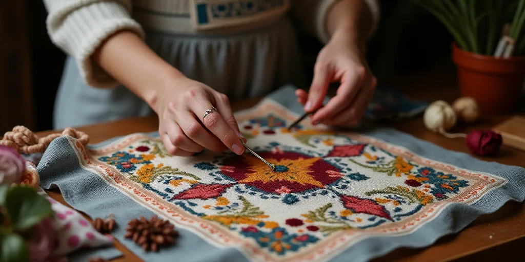 a person holding a colorful object in their hand on a table with other items on it and a cloth, Art