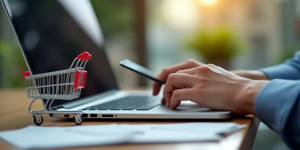 a person holding a credit card while using a laptop computer on a table with a shopping cart and a s