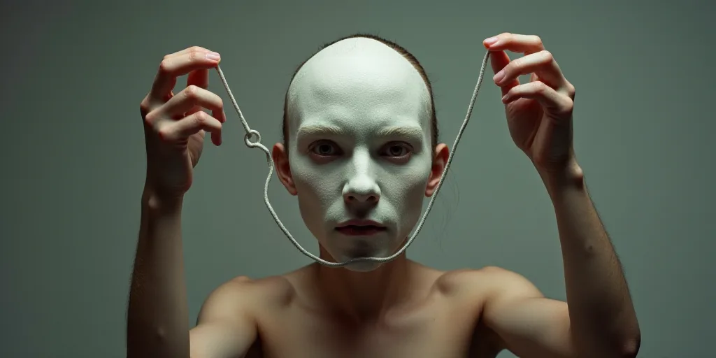 a person holding a face mask with a string attached to it and a pair of hands holding it up, Évaris