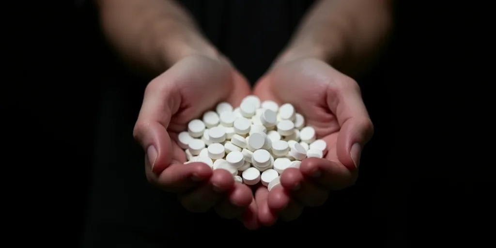a person holding a handful of white pills in their hands, on a black background, with a black backgr