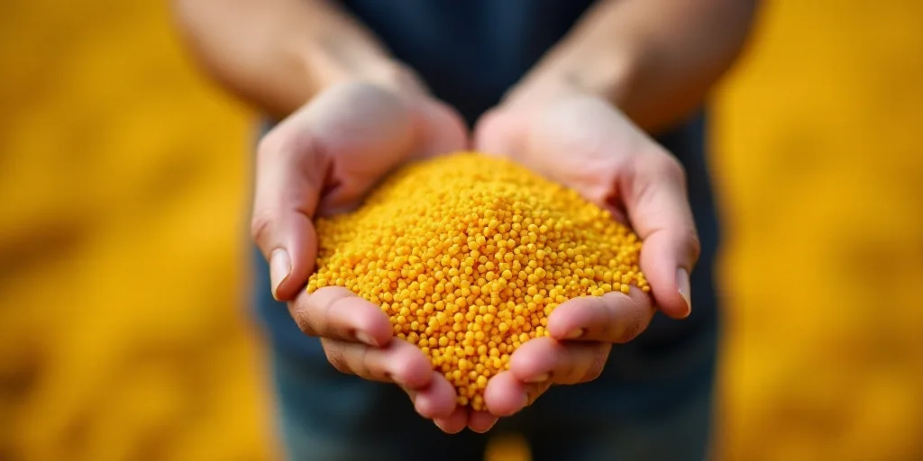 a person holding a handful of yellow seed in their hands, in front of a pile of yellow seed, Christo