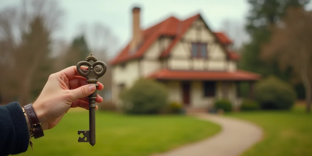 a person holding a house shaped key in their hand with a building in the background in the foregroun
