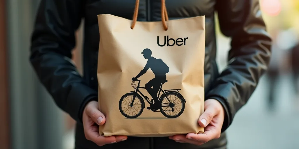 a person holding a paper bag with a picture of a man riding a bike on it and a sign that says uber,