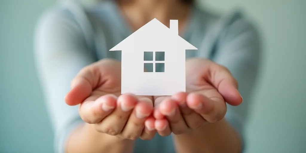 a person holding a paper house with a logo on it and two hands holding a paper house with a logo on