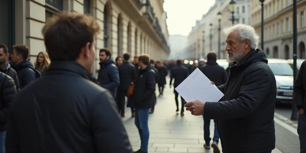 a person holding a paper with a lot of people standing around it on a sidewalk near a building and a