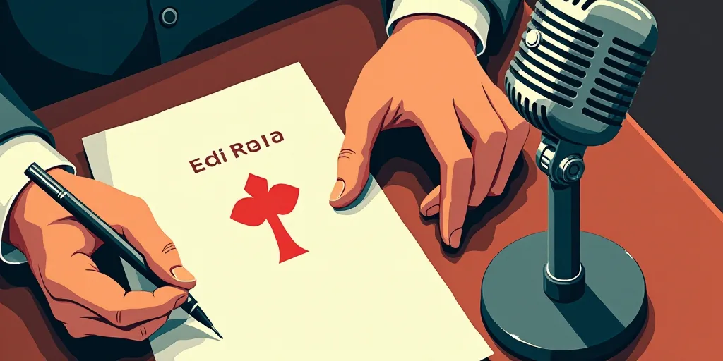 a person holding a pen and a paper with a symbol on it next to a microphone and a microphone, Edi Ra