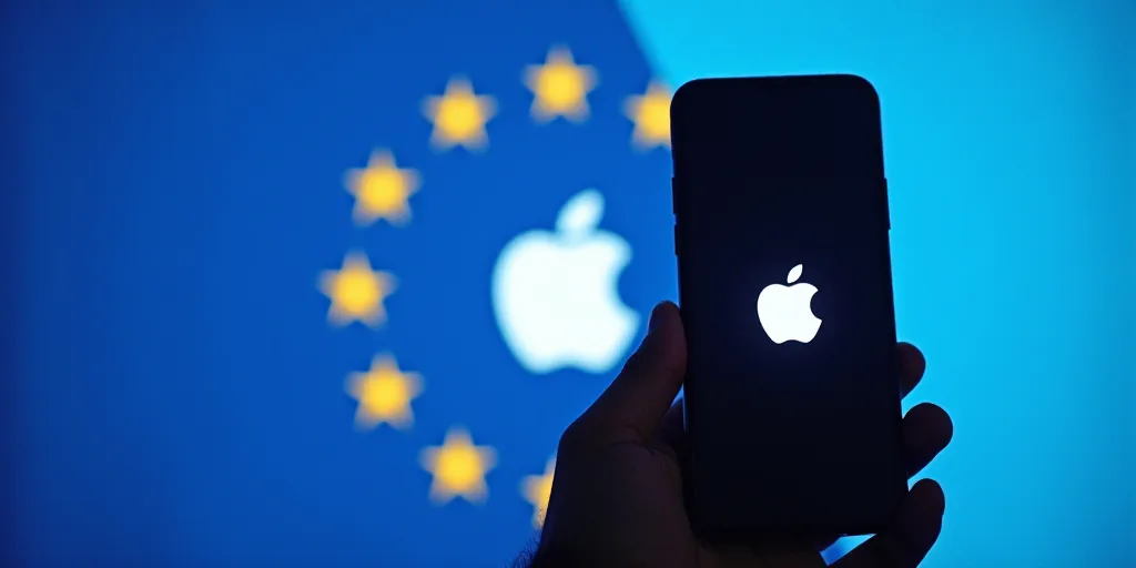 a person holding a phone in front of a european flag with the apple logo on it and a blue background