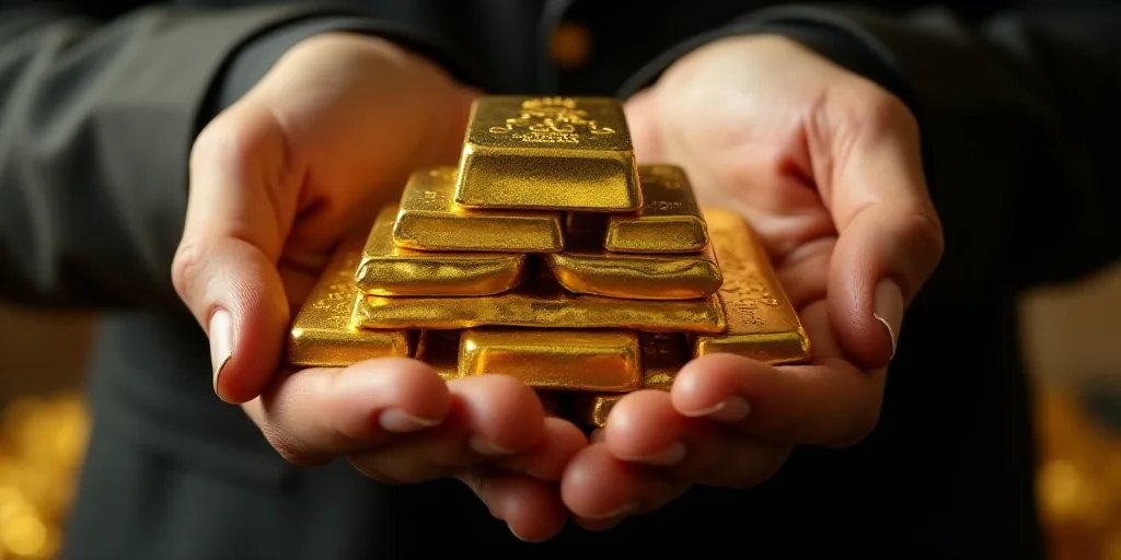 a person holding a pile of gold bars in their hands and a pile of gold bars in their other hand, Eng