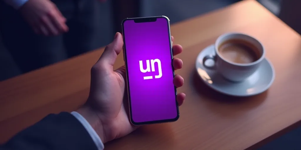 a person holding a purple phone with the word un on it in front of a wooden table with a cup of coff