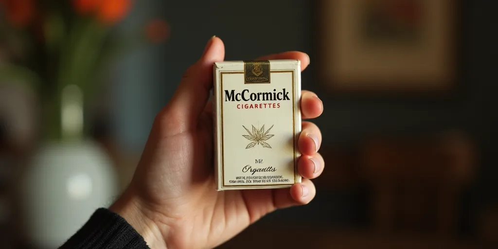 a person holding a small box of mccormick cigarettes in their hand, with the label on it, Christophe