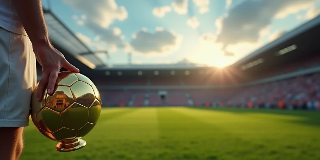 a person holding a soccer ball in their hand with a gold trophy in their hand on a field of a stadiu