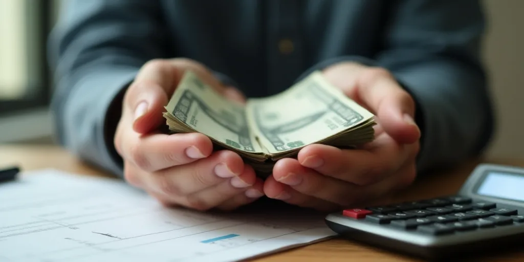 a person holding a stack of money in their hands with a calculator and a calculator behind them, And