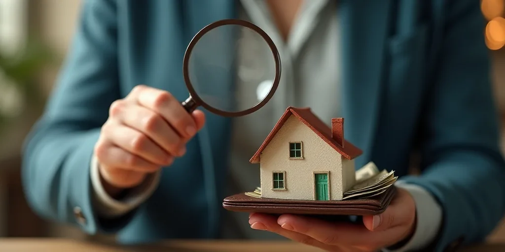 a person holding a wallet with money and a magnifying glass in front of them and a house, Andries St