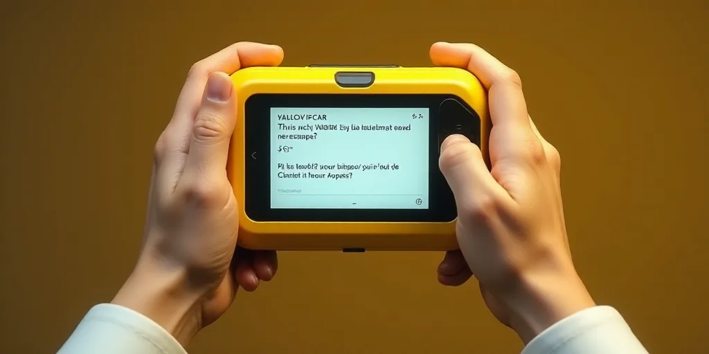 a person holding a yellow device with a screen on it's display area and a text message on the screen