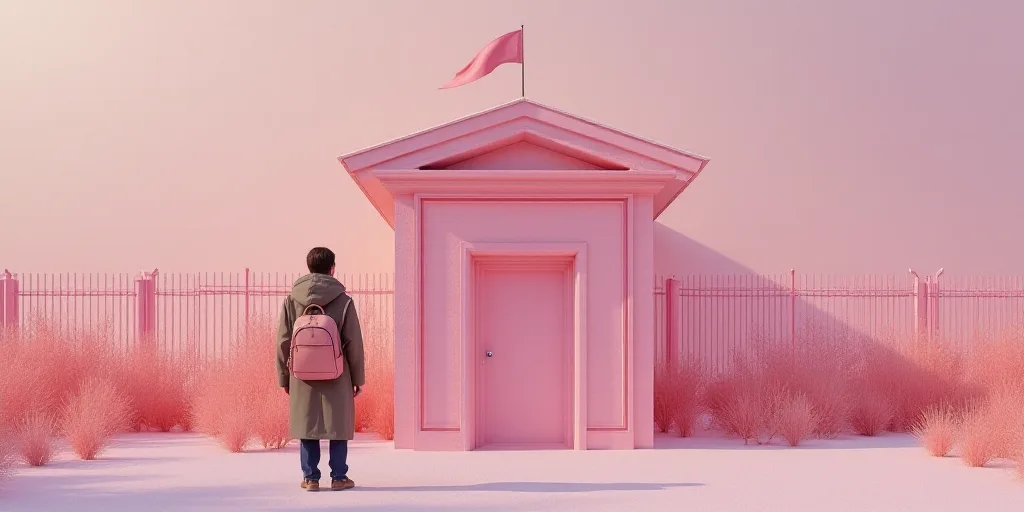 a person in a coat and a backpack standing in front of a building with a fence and a flag, Celia Fie