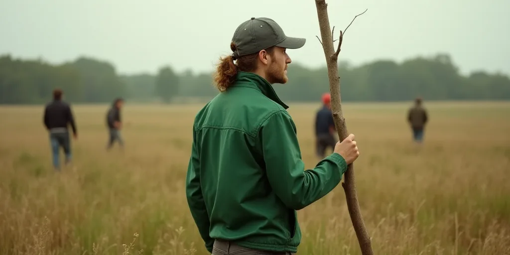a person in a green jacket is standing in a field with a stick in his hand and people in the backgro