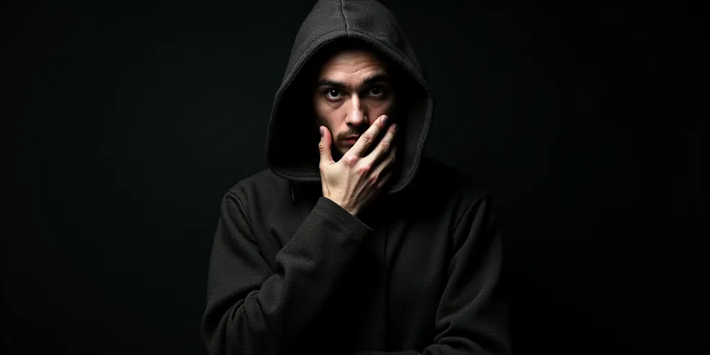 a person in a hooded jacket is holding their hand to their face and is looking at the camera with a