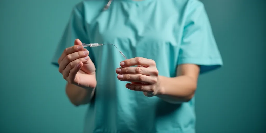 a person in a hospital gown is holding a syquet and a needle in their hand, with a needle in the mid