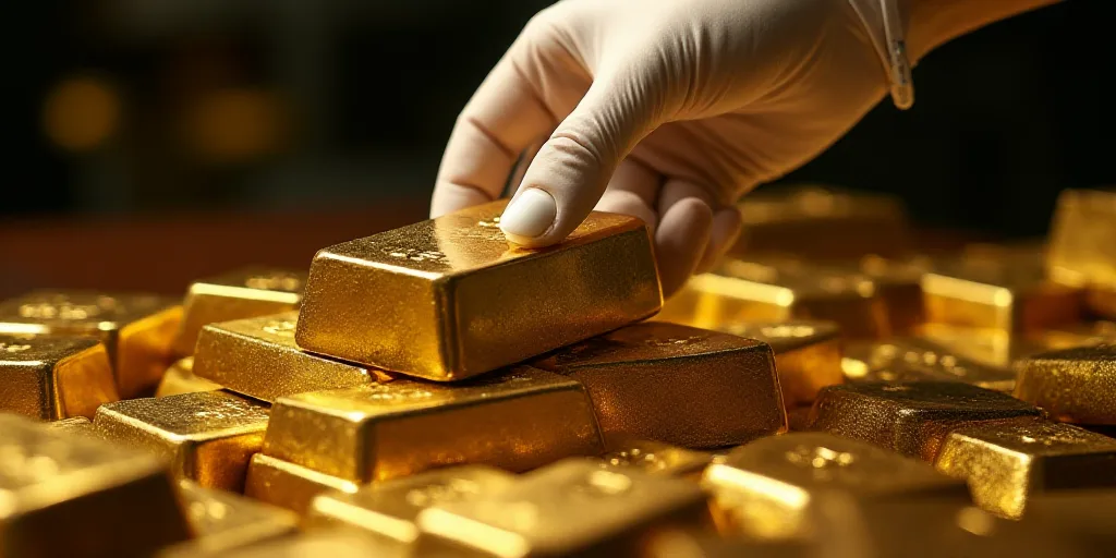 a person in white gloves holding a gold bar over a pile of gold bars on a table with other gold bars