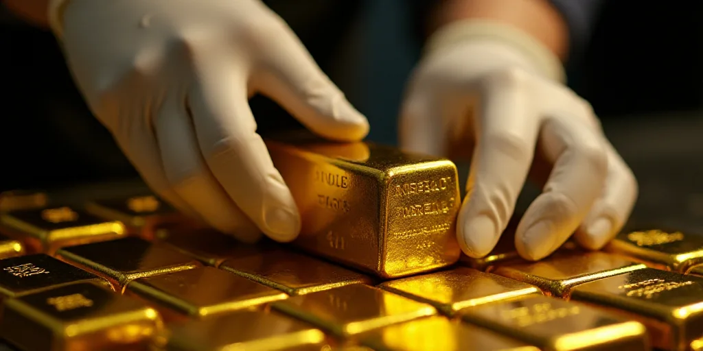 a person in white gloves holding a gold bar over a pile of gold bars on a table with other gold bars