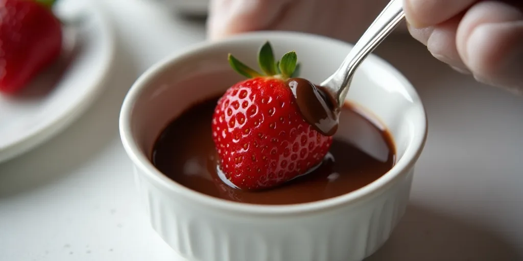 a person in white gloves is putting a piece of chocolate on a strawberry in a bowl of chocolate pudd