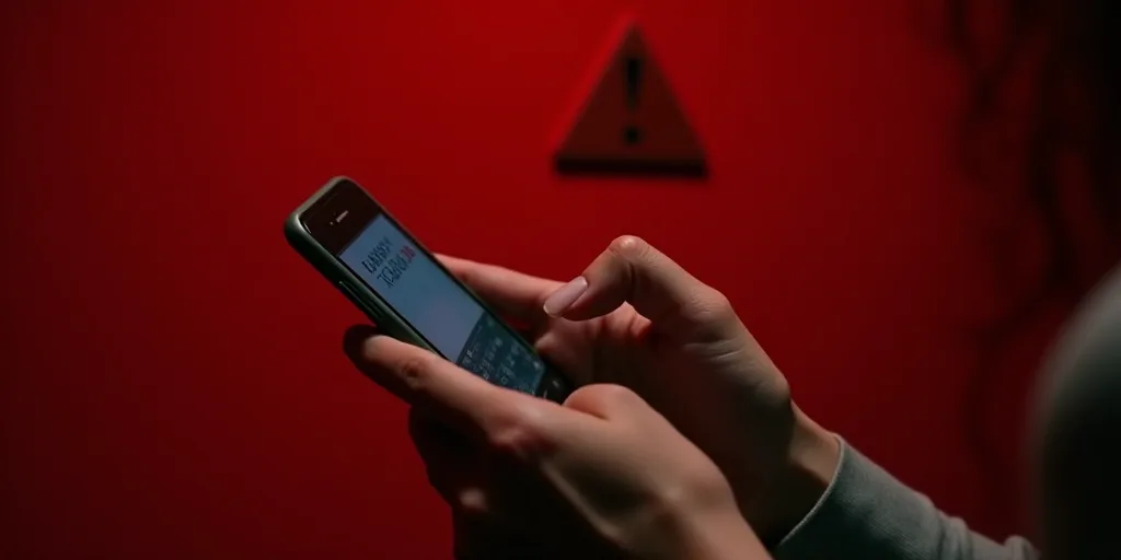 a person is holding a cell phone with an envelope in front of them and a red background with a warni