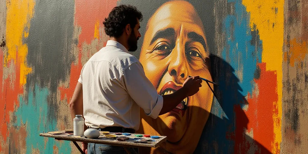 a person is painting a picture of a person on a wall with a paintbrush and a palette of paint, David