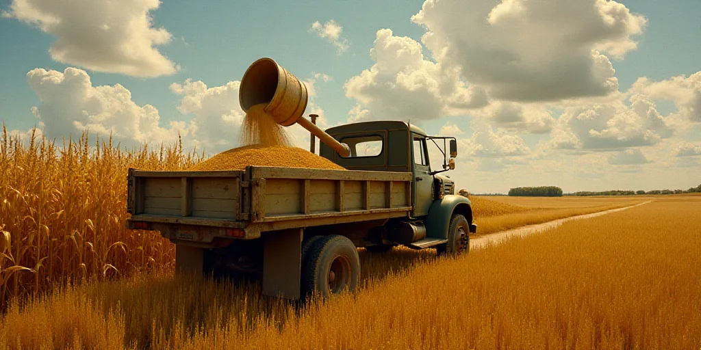 a person is pouring grain into a truck bed in a field of wheat and corn stalks in the background, Co